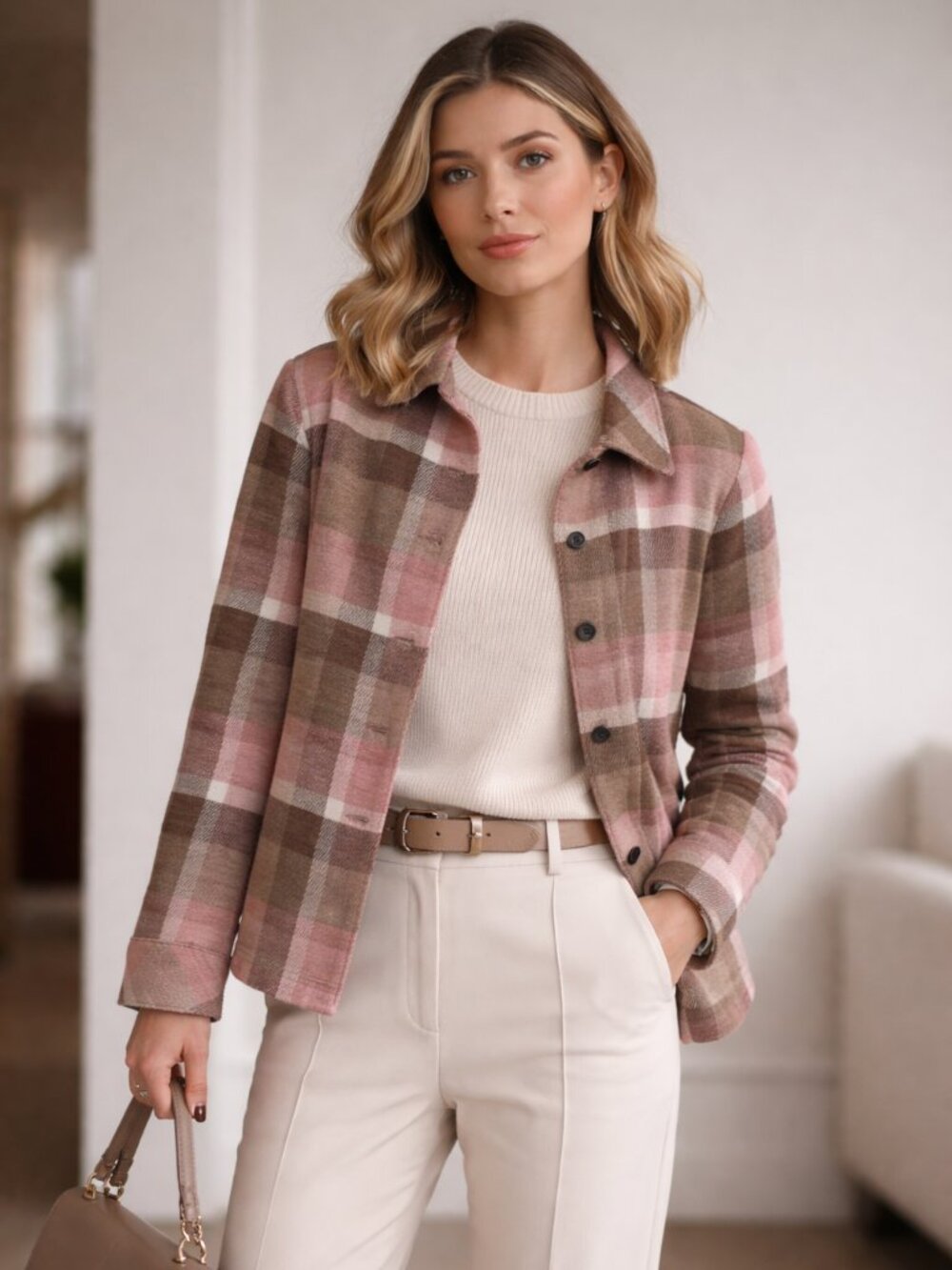 Alia Petites Plaid Button up Jacket Size 10P Pink/Rose/Brown/Cream